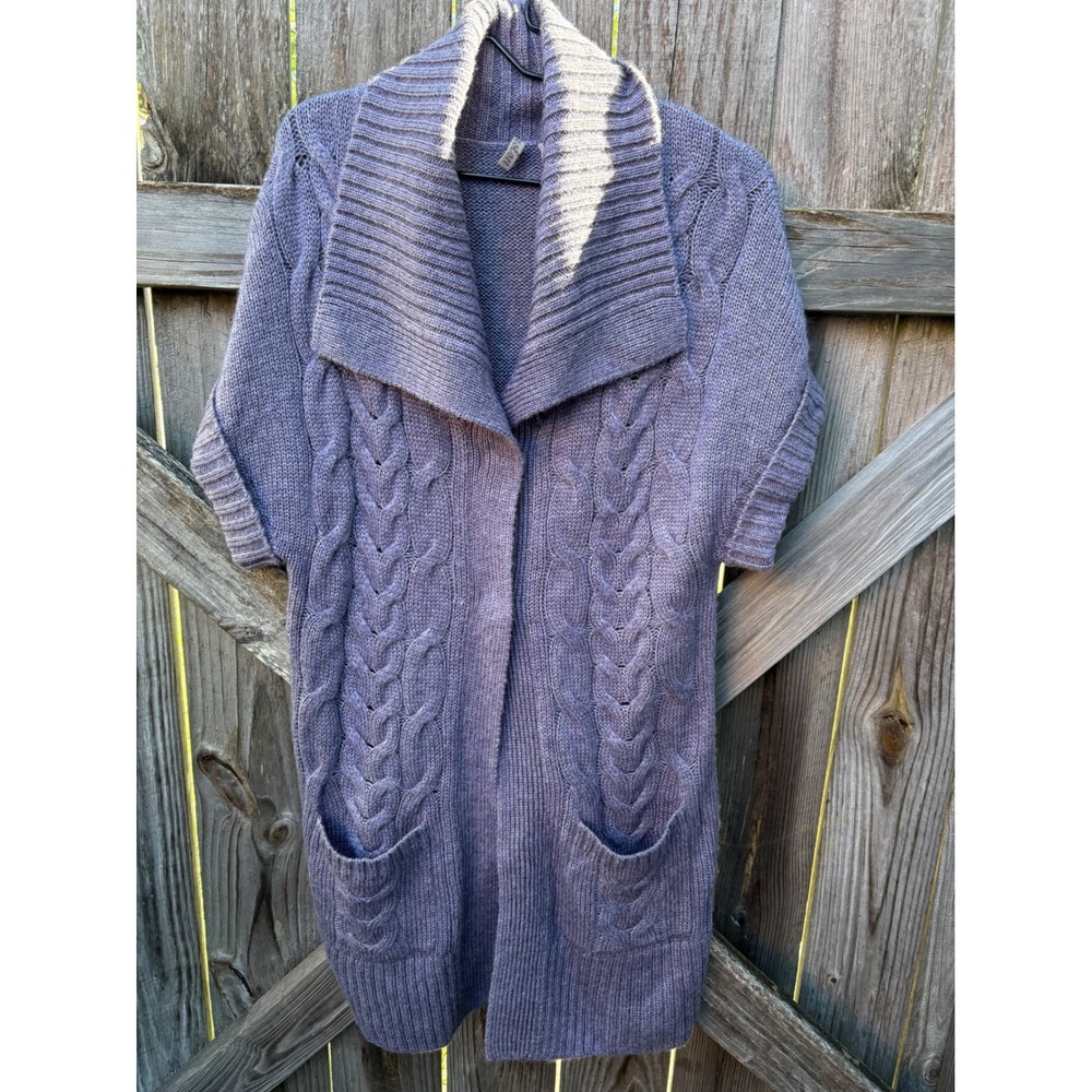 Caslon Purple Wool Mohair Blend Cable Knit Short Sleeve Cardigan Sweater Large